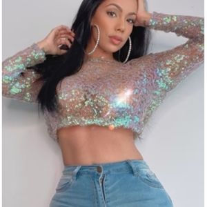 NWT FashionNova Sheer Sequin Embellished Green Crop Top Longsleeve XS